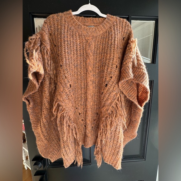 Anthropologie Marled Fringe Chunky Knit Poncho size OS one size - Picture 3 of 12